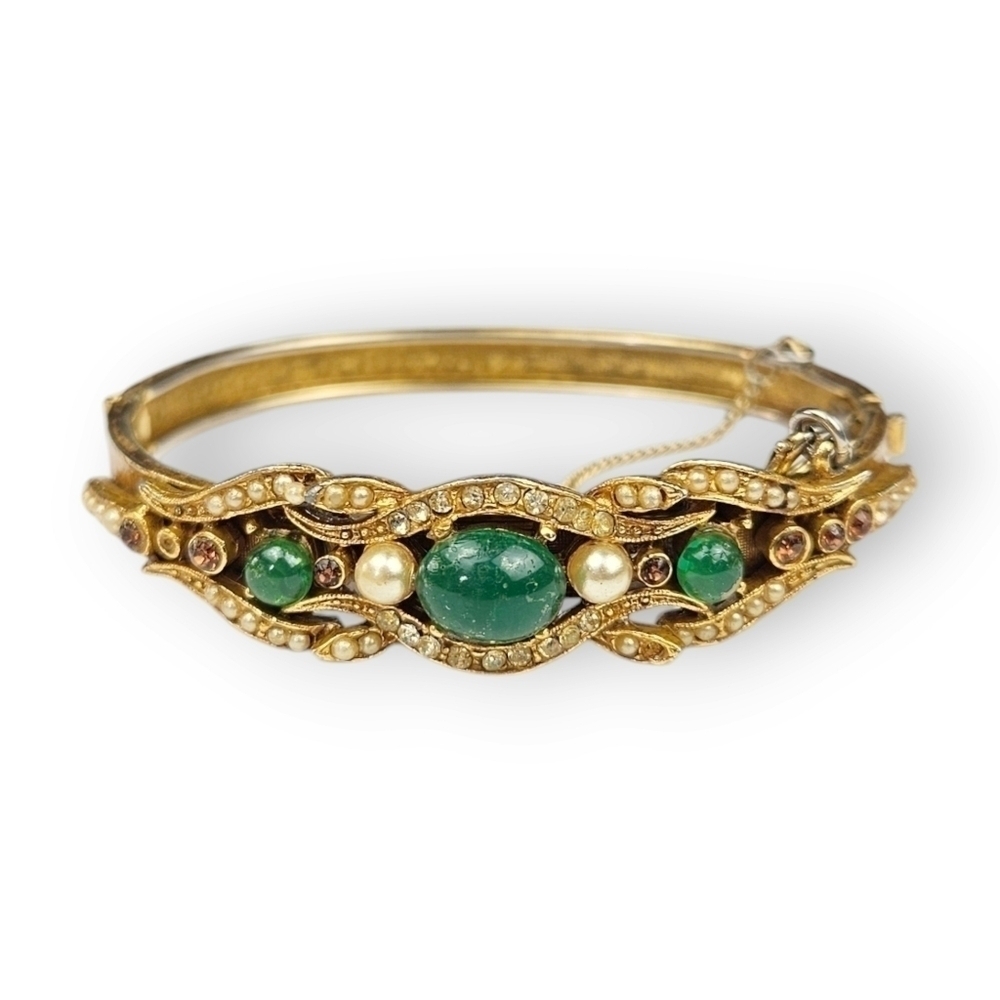 Victorian Revival Cuff Bracelet Ornate Faux Jade Seed Pearl Rhinestone Vtg FLAW